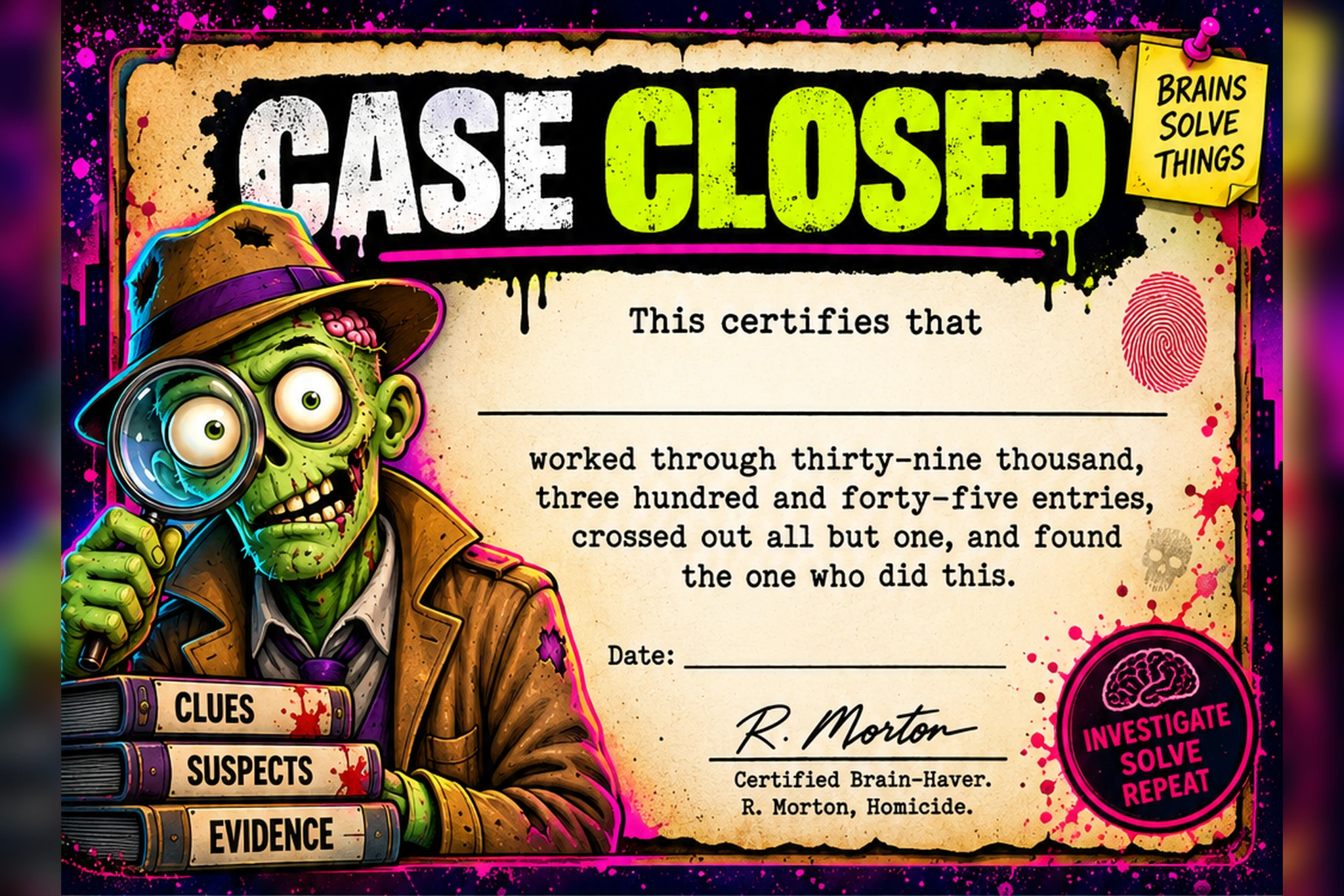 Case Closed certificate with the zombie detective